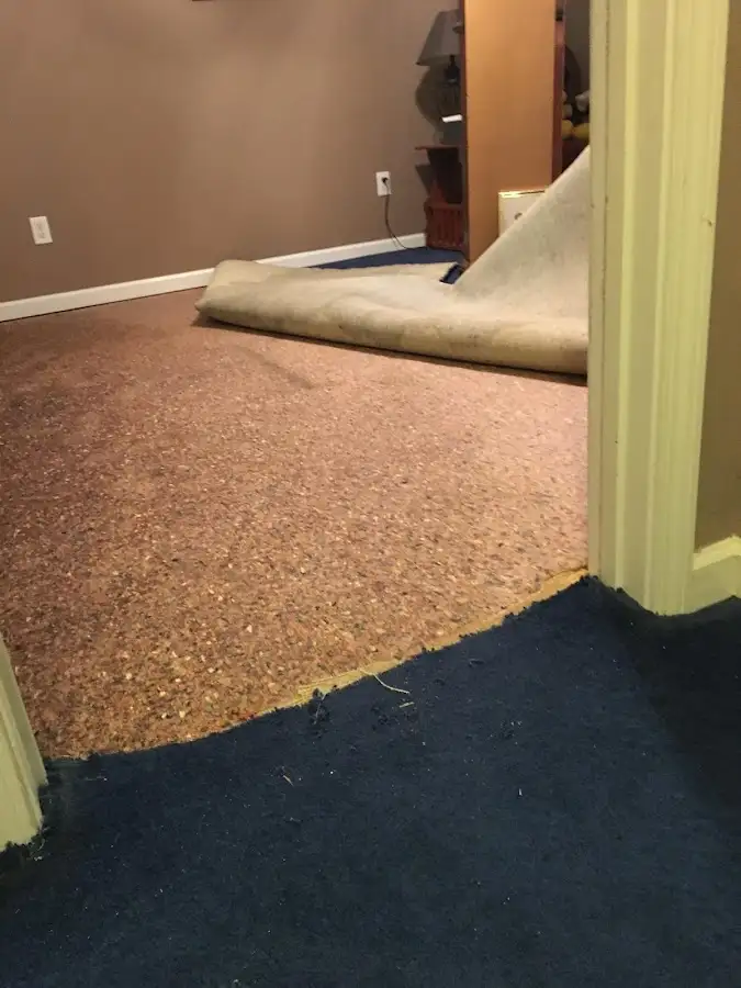 Carpet pad removal revealing water damage during Drying & Dehumidification in Adel